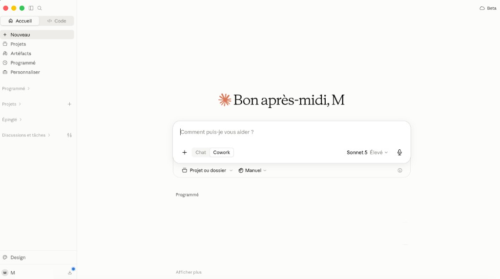 Écran d'accueil de Claude