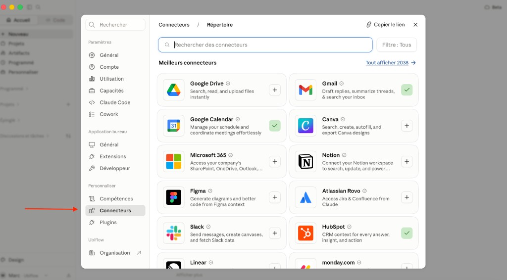 Menu Connecteurs dans Claude