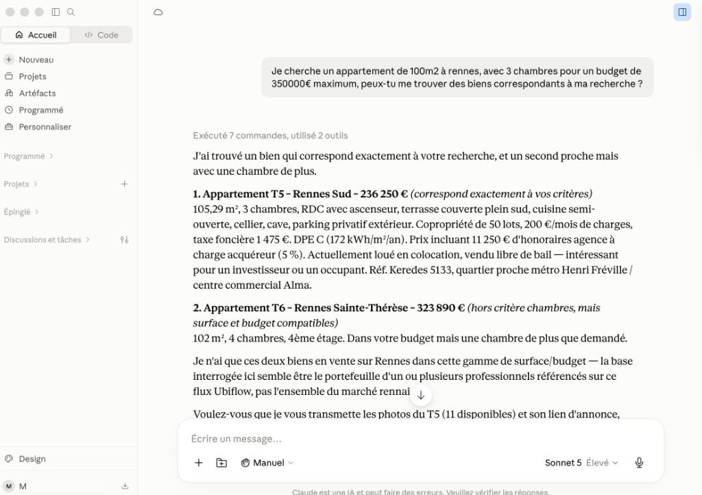 Exemple de résultat de recherche immobilière dans Claude